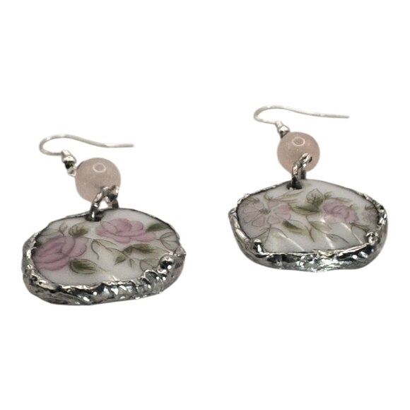 Broken China Floral Earrings W/ 925 Hooks & Silver Blend Bezel With Rose Quartz - Picture 12 of 14